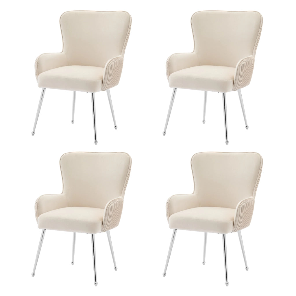 Poltrona Set da 4 con Braccioli, Supporto Lombare e Piedini Regolabili, in Velluto, Beige