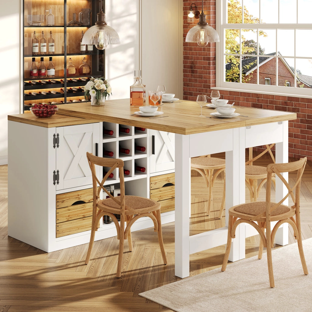 Tavolo da pranzo allungabile con credenza; piano girevole a 360°; cassetto e portabottiglie; per cucina e soggiorno; bianco; 120 × 40 × 72 cm