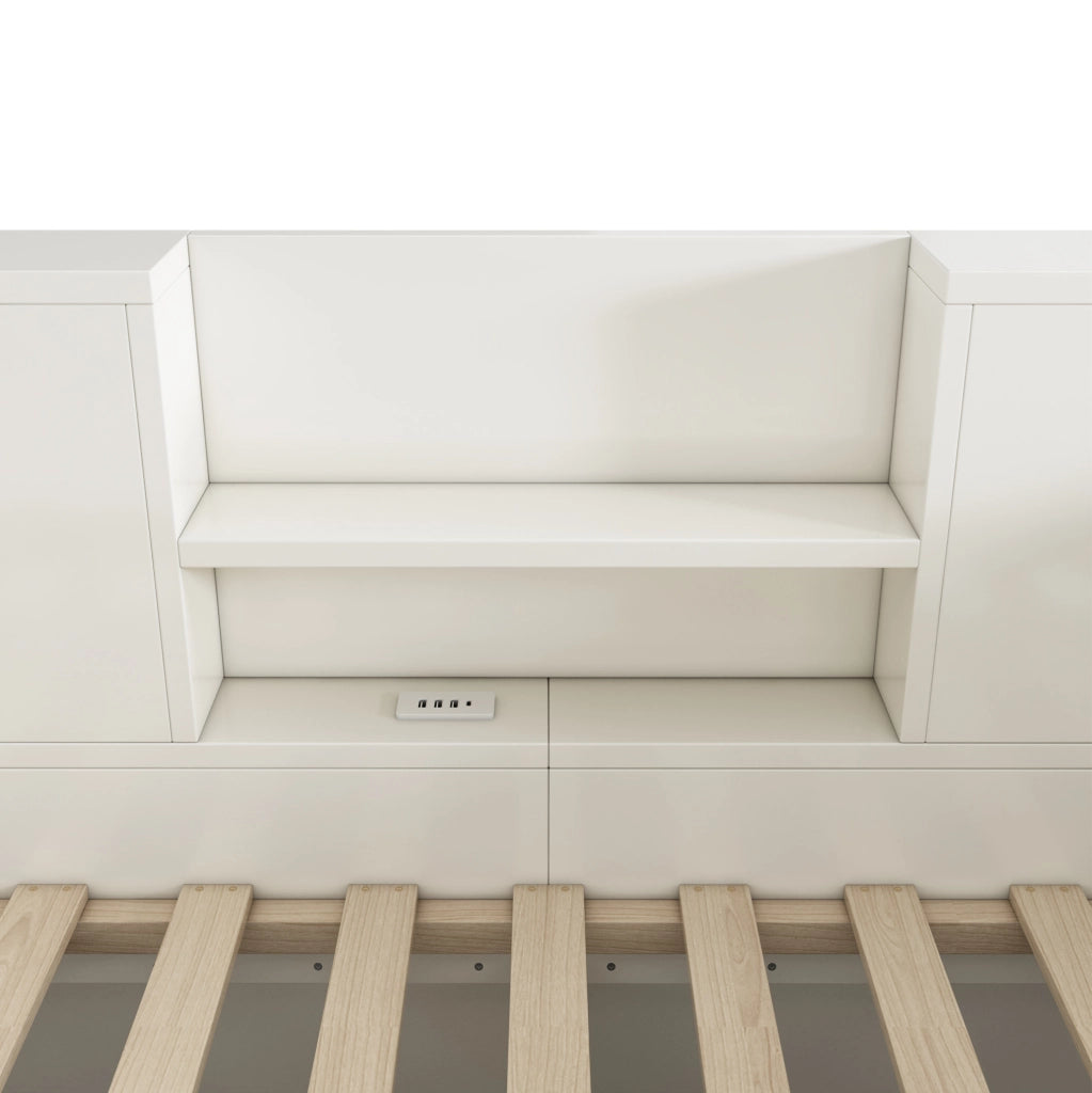 Letto 90x190 cm con contenitore idraulico e stazione di ricarica in legno bianco