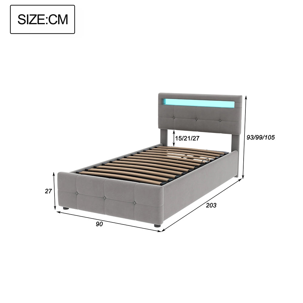 Letto a cassone imbottito per bambini - Xylo - 90x200 cm - Grigio - Illuminazione LED, testiera regolabile