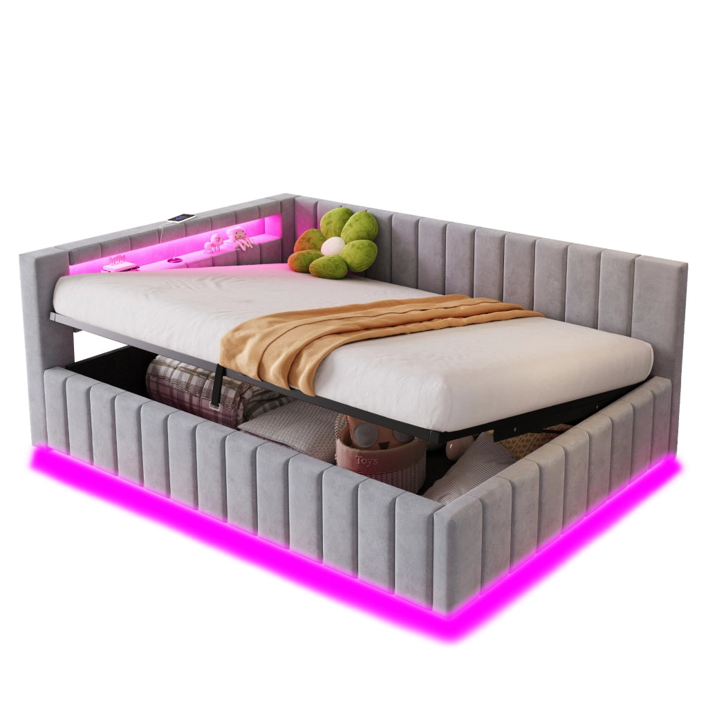 LETTO imbottito 140x200 cm Grigio in velluto con contenitore, LED e USB