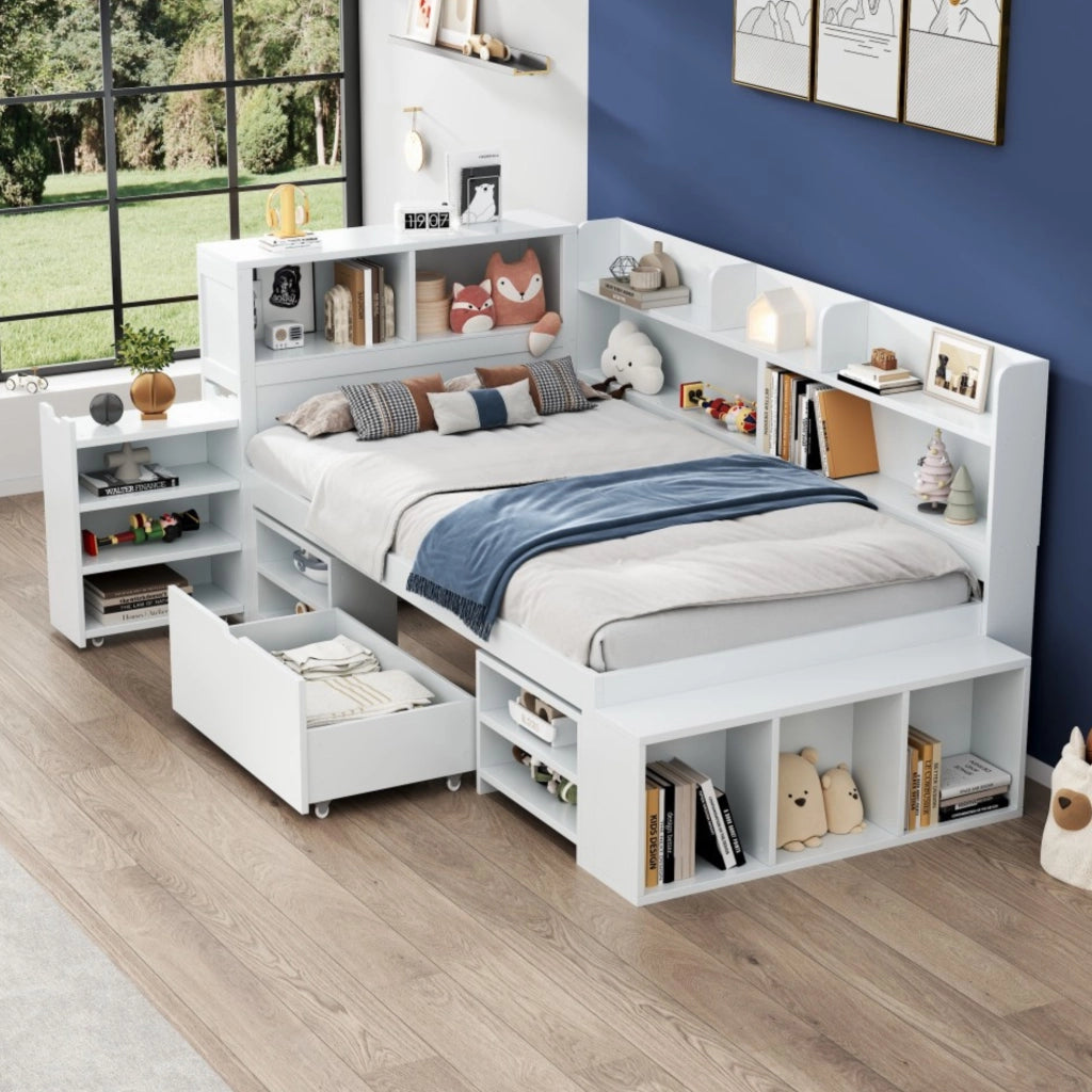LETTO Multifunzione 90x200 cm Bianco con cassetti e libreria