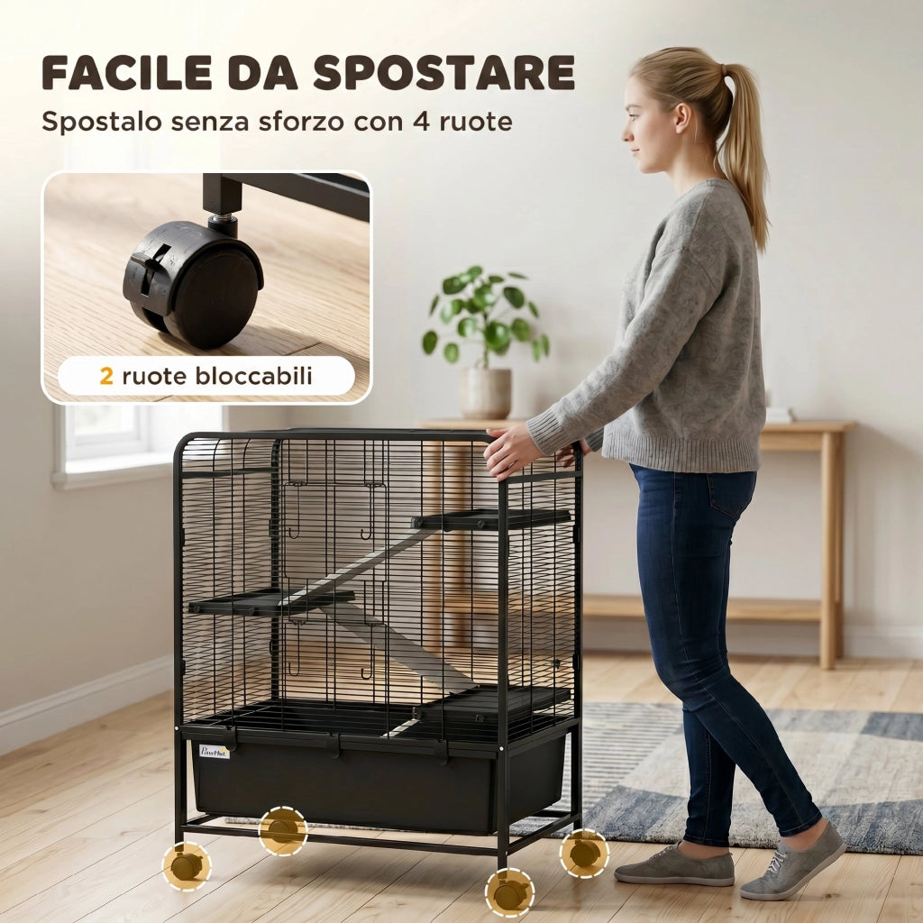 Gabbia per Conigli 4 Livelli ¨C Minimal ¨C Nero Acciaio con Ruote