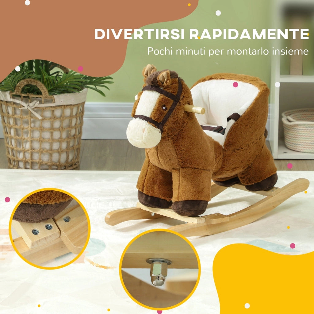 Cavallo a Dondolo per Bambini in Legno e Peluche Cavallo Marrone