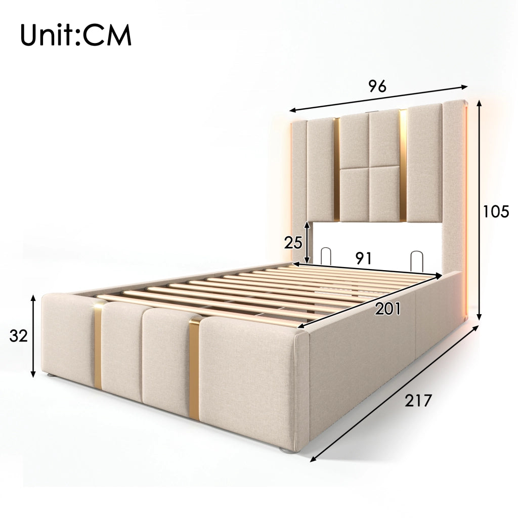 LETTO Imbottito 90x200 cm Beige con USB-C, LED RGB e contenitore