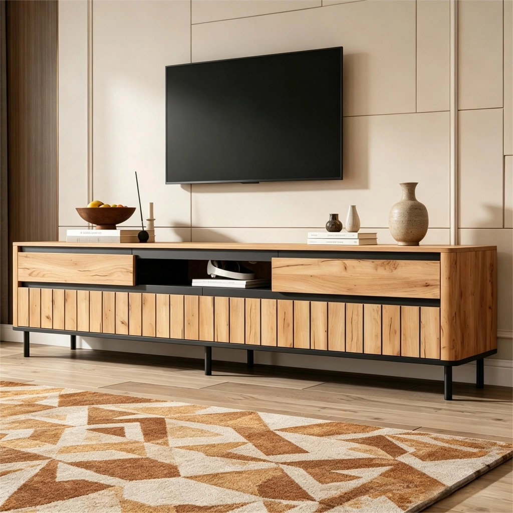 Cassettiera TV nero e naturale in MDF lunghezza 180 cm