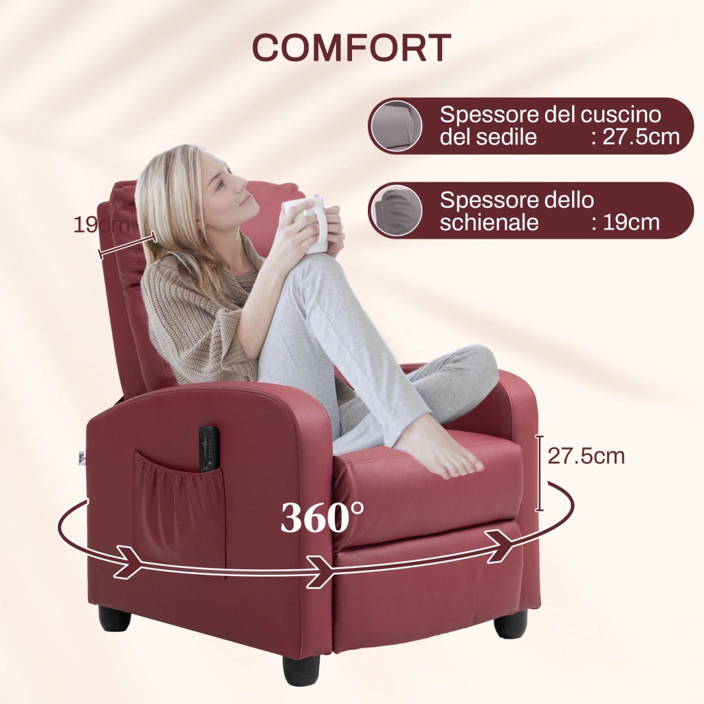 Poltrona Relax Massaggiante 68x88x98 cm con Telecomando e 8 Programmi Reclinazione e Poggiapiedi Rosso