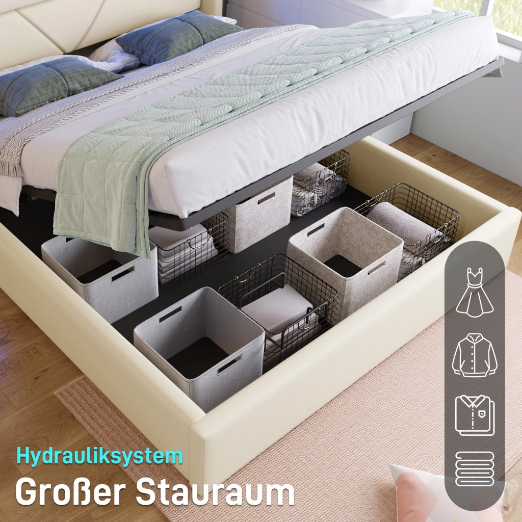 LETTO Contenitore 160x200 cm PU Bianco con LED e telecomando