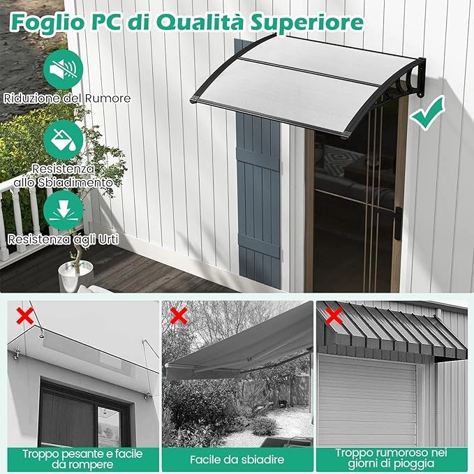Tettoia per Porta Finestra, Pensilina Tettoia per Porta in Policarbonato, per Protezione da Sole, Pioggia, Neve, per Balcone, Finestre e Porte