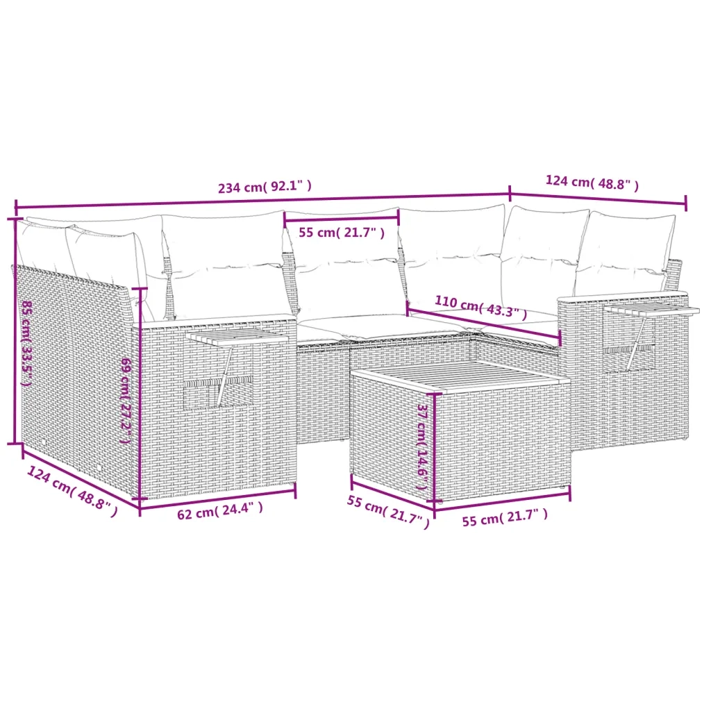 Set Divani da Giardino 7 pz con Cuscini Grigio in Polyrattan