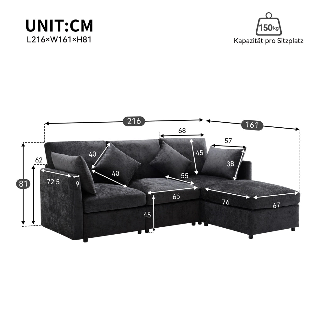 Divano angolare L convertibile in 3 posti - Zephmum- Grigio con cuscini in chenille e pouf mobile