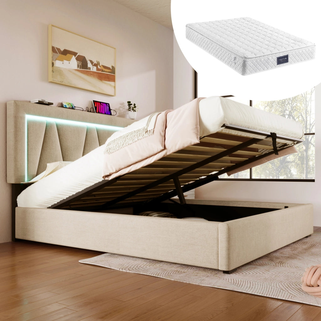 DESMIU Letto contenitore 140 × 200 cm 2 posti con LED, USB e Type-C, con materasso, beige