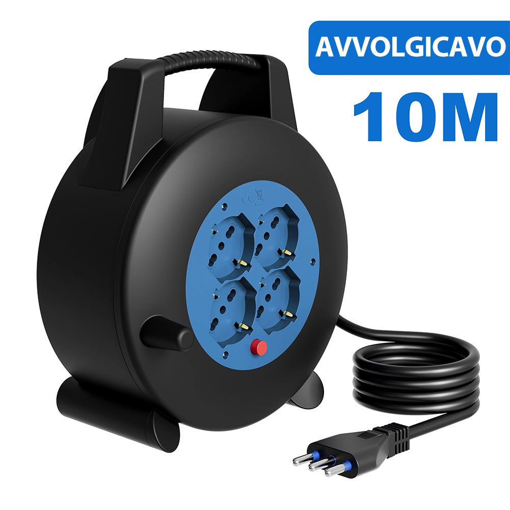 Avvolgicavo Multipresa 10 Metri con Interruttore di Protezione Prolunga 4 Prese