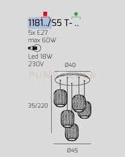 SOSPENSIONE OTTONE SAT. 5 LUCI TONDA VETRI 2X TR + 3X AM 1181OS-S5 T-TA