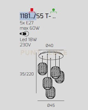 SOSPENSIONE OTTONE SAT. 5 LUCI TONDA VETRI 2X TR + 3X AM 1181OS-S5 T-TA