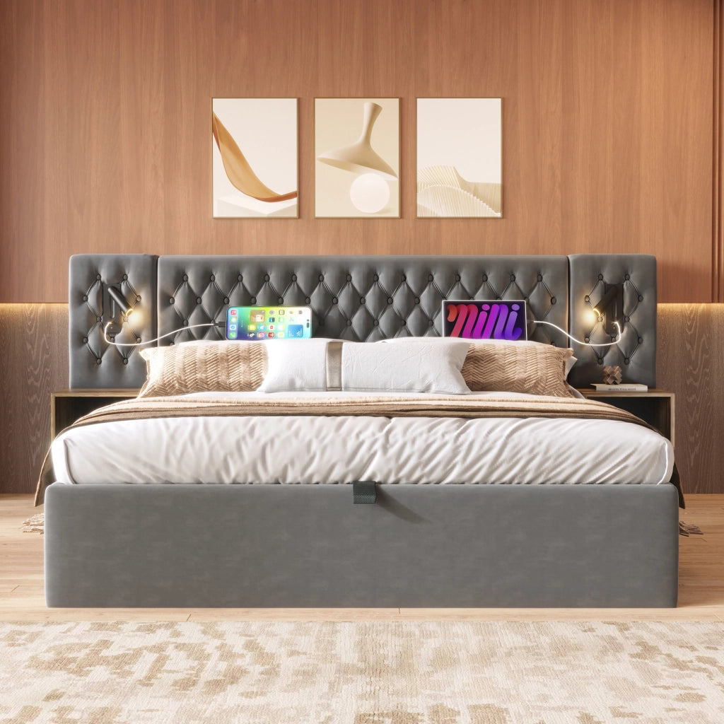 LETTO Contenitore 180x200 cm in Velluto Grigio con 2 comodini e USB