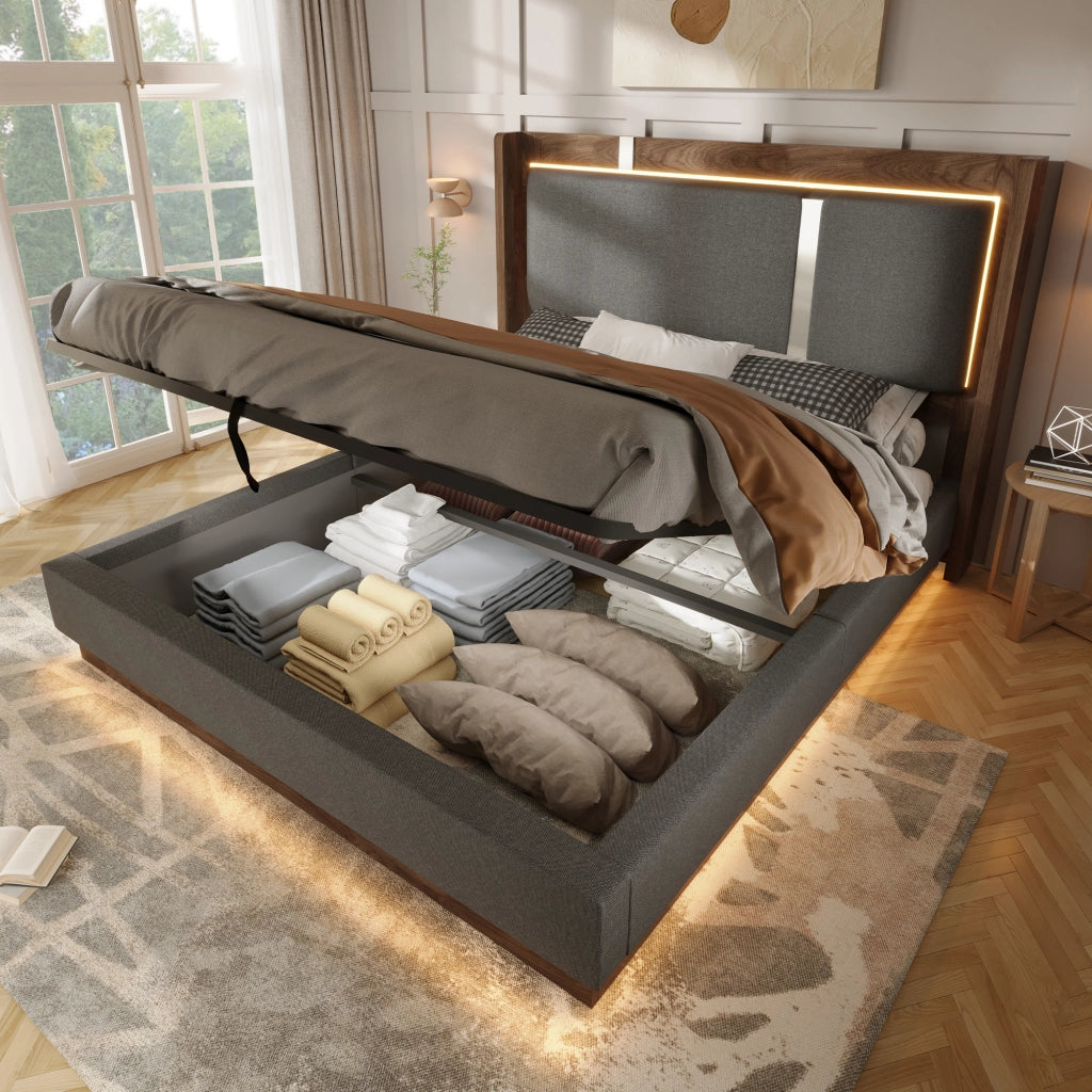 LETTO Matrimoniale 180x200 cm con LED, idraulico, Lino Grigio e Noce