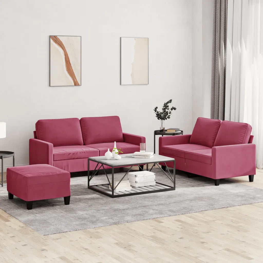 Set di Divani 3 pz con Cuscini Rosso Vino in Velluto