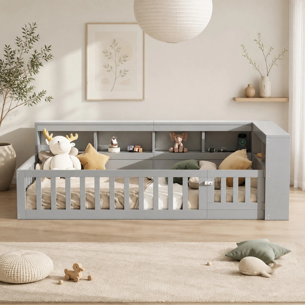 Daybed 90x200 cm con rete a doghe, vano laterale, prese e USB, grigio