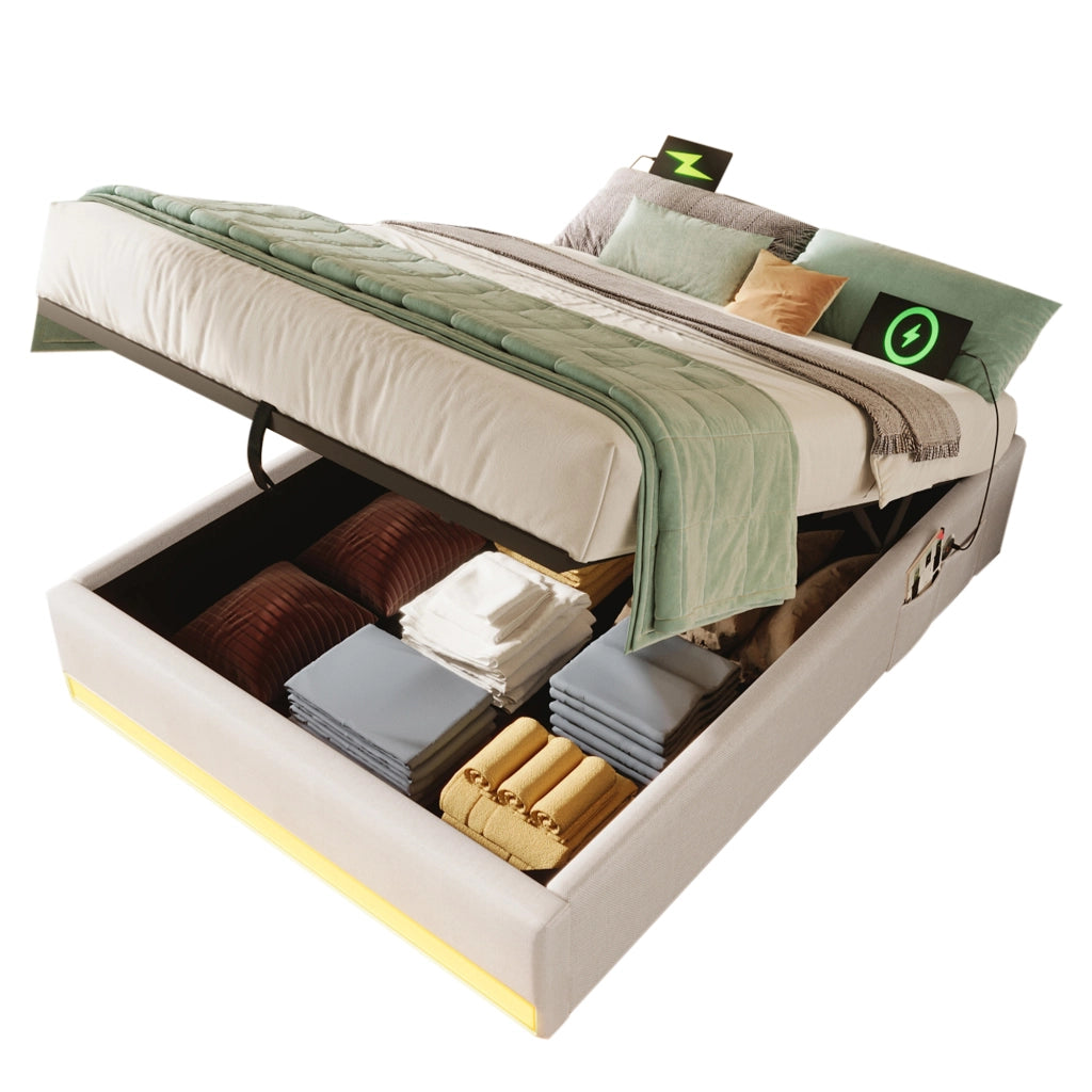 Letto imbottito 90x200 cm con LED, porte USB e Type-C, contenitore idraulico, beige