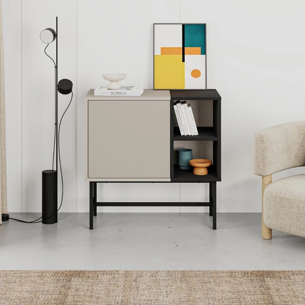 Mobile multiuso Mona Mini con anta cashmere e due vani a giorno neri 81x40x80H