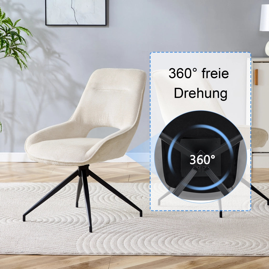 Sedia da pranzo girevole 360° con braccioli, tessuto e metallo, Beige Nero