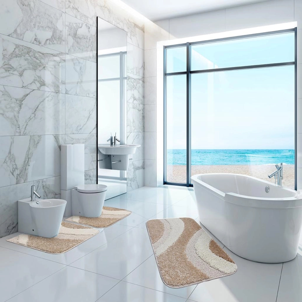 Tappeto Bagno Parure Set 3 Pezzi Made in Italy Antiscivolo Shaggy 3D Moderno Assorbente Beige