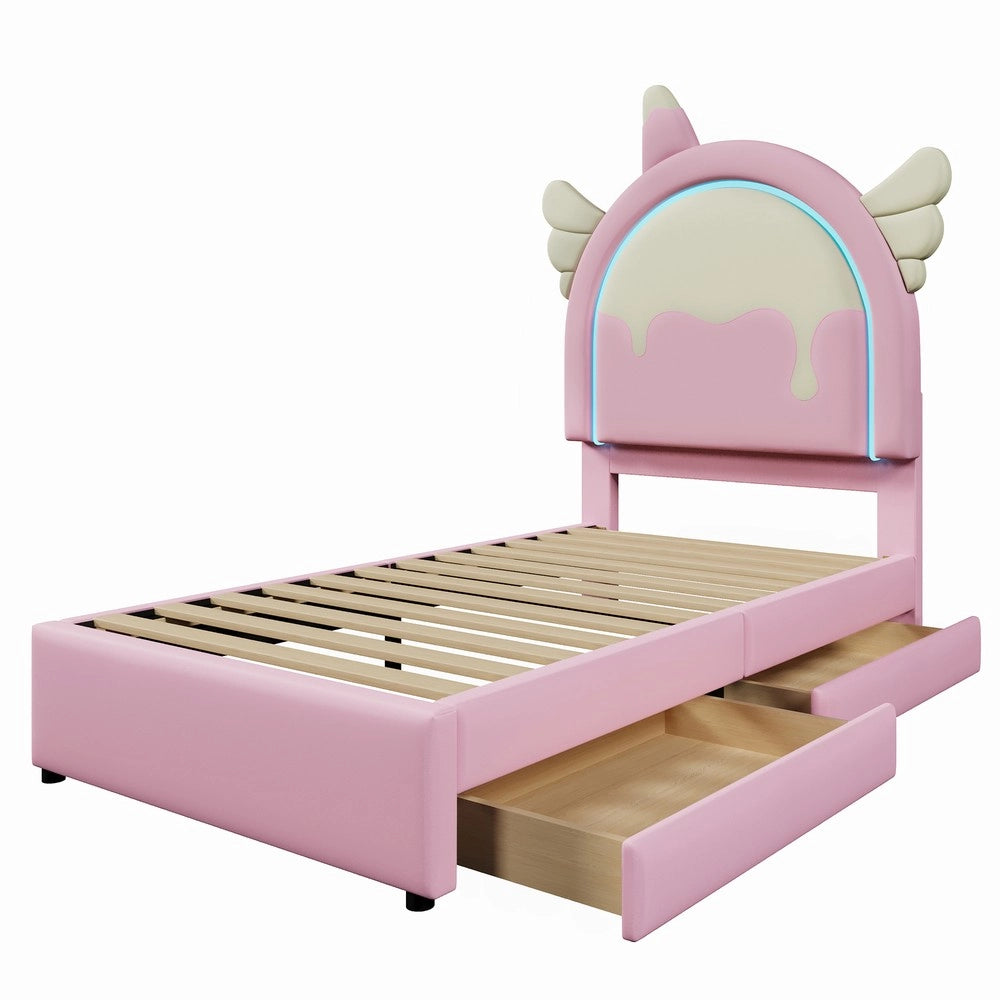 Letto Imbottito Singolo con Cassetti e LED ¨C MINIMAL ¨C Rosa, PU, 90x200