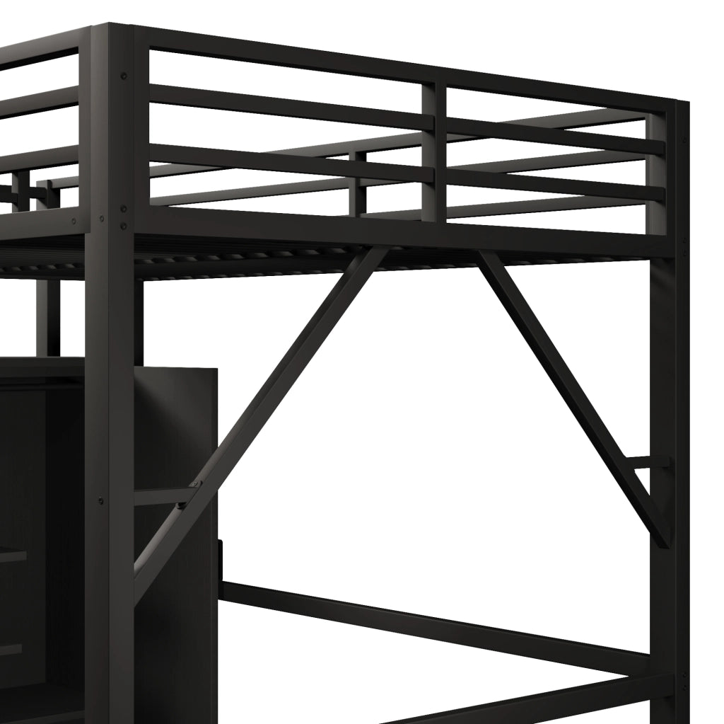 Letto a soppalco in metallo 140x200 cm con armadi e LED; nero