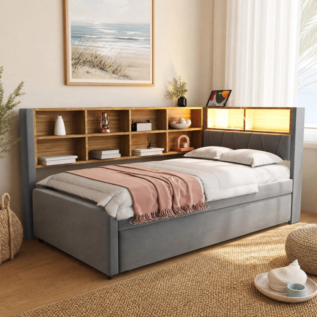 Divano letto multifunzione con letto estraibile, LED e prese integrate