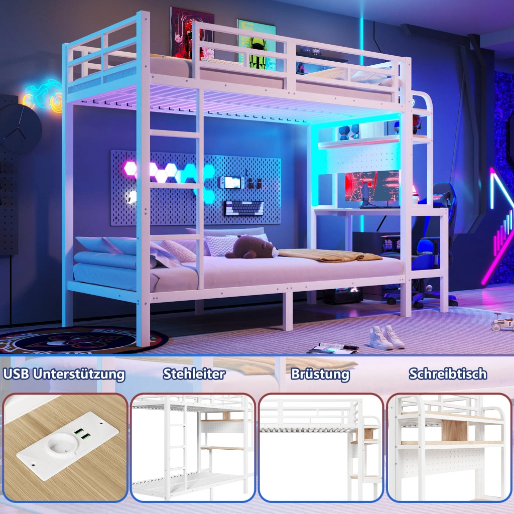 LETTO a castello 90x200 cm Metallo e MDF Bianco con scrivania e LED