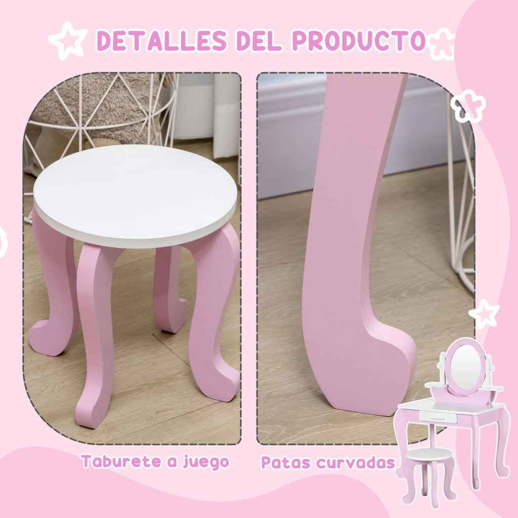 Tocador per Bambini con Specchio e Sgabello ¨C Minimal ¨C 65,5x46x93 cm Rosa