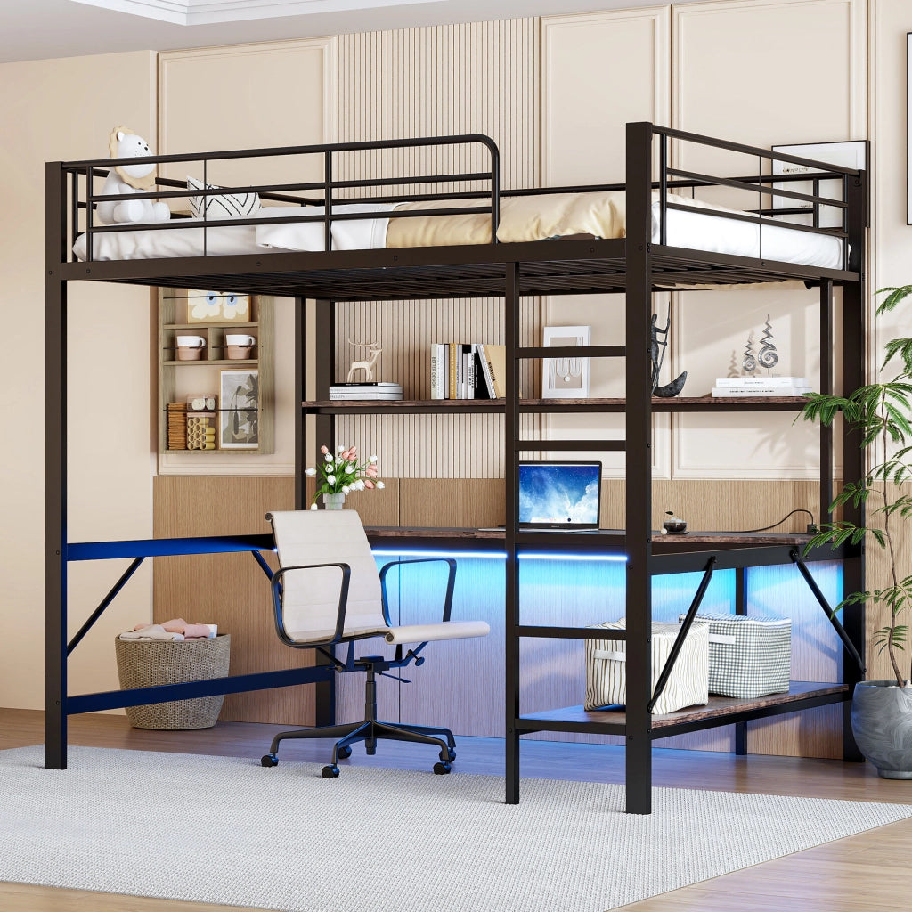 OKWISH Letto a soppalco 140×200 cm, Letto Matrimoniale con Scrivania, Mensole, LED Regolabile, USB e Presa, senza Materasso, in Metallo, Nero