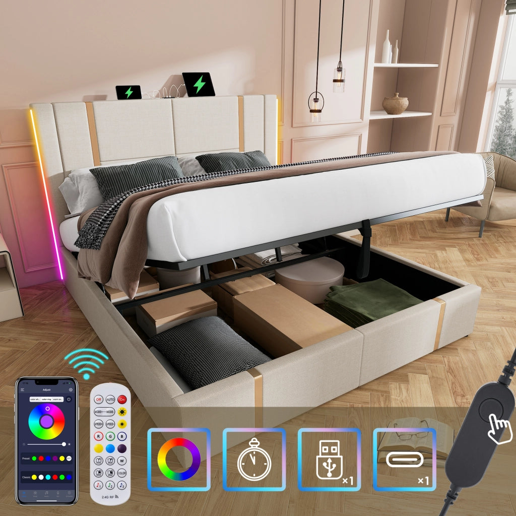 LETTO Contenitore 160x200 cm Beige in lino con LED e USB Type C