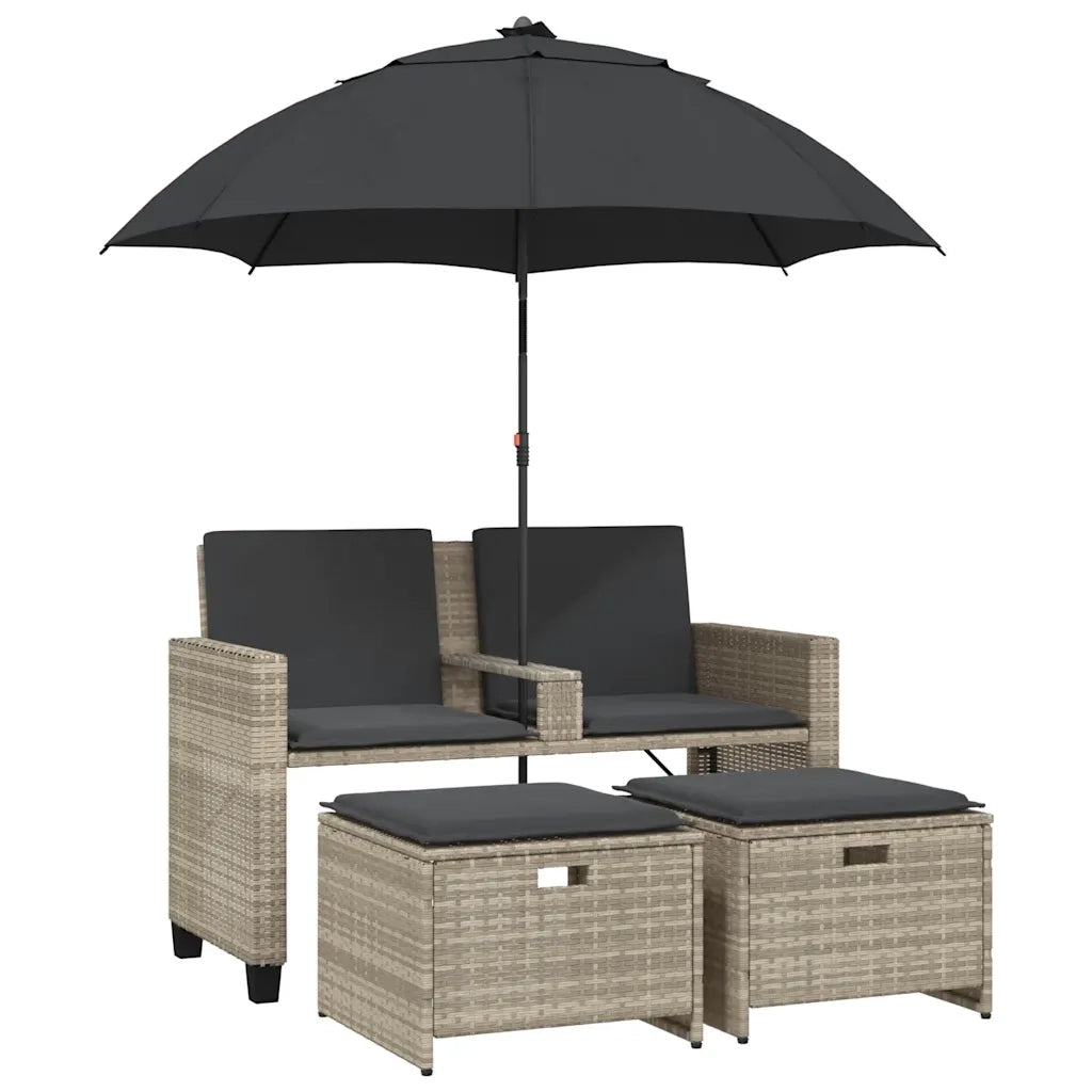 Divano 2 Posti-Sofa 2 Posti Ombrellone e Sgabelli Grigio Chiaro Polyrattan
