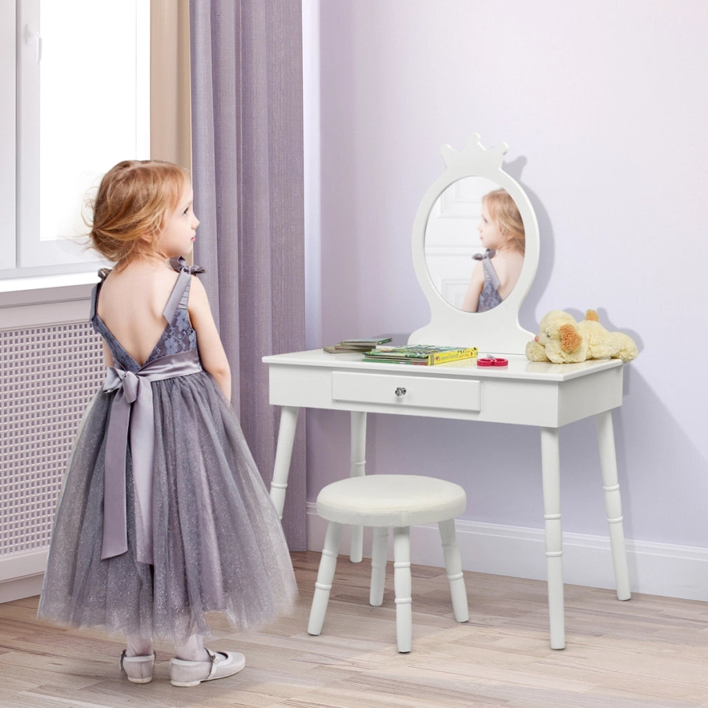 Toeletta con specchio per bambini, Set tavolo e sedia toeletta con cassetti e sgabello imbottito, Bianco