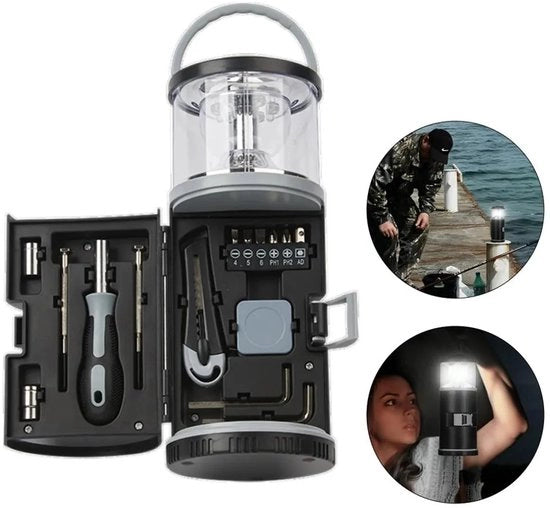Lampada da campeggio LED, inclusa kit di attrezzi standard, unico regalo per l'uomo, funziona con batterie, adatto per l'auto e per la pesca.