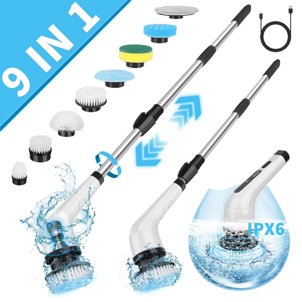 Trade Shop - Spazzola Rotante Elettrica Multifunzione 9in1 Ricaricabile Senza Fili Manico Estensibile -