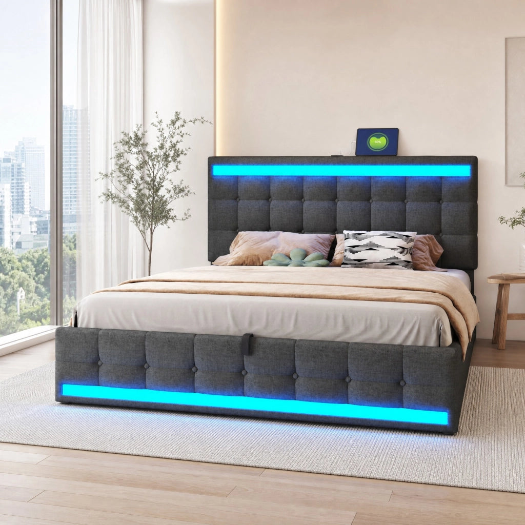 LETTO imbottito 180x200 cm grigio con LED RGB e porte USB