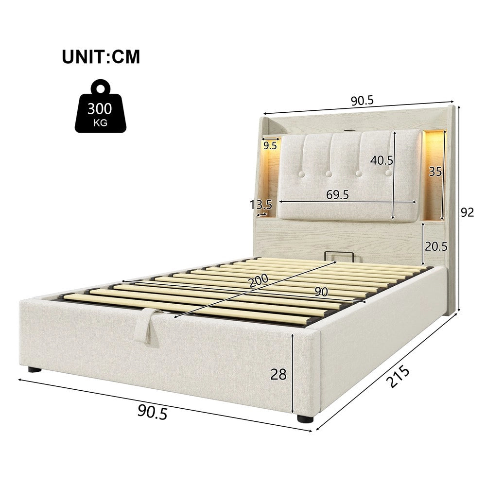 Letto Imbottito con LED e Contenitore ¨C MINIMAL ¨C Lino Beige 90x200