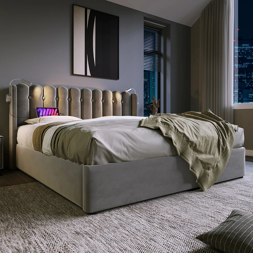 Letto a cassone imbottito - Xylo - 160x200 cm - Grigio - Caricamento e due luci da lettura