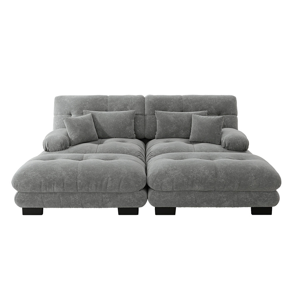 Divano angolare Cloud - Xylo - 2 posti in chenille con 2 cuscini lombari e 2 pouf, grigio
