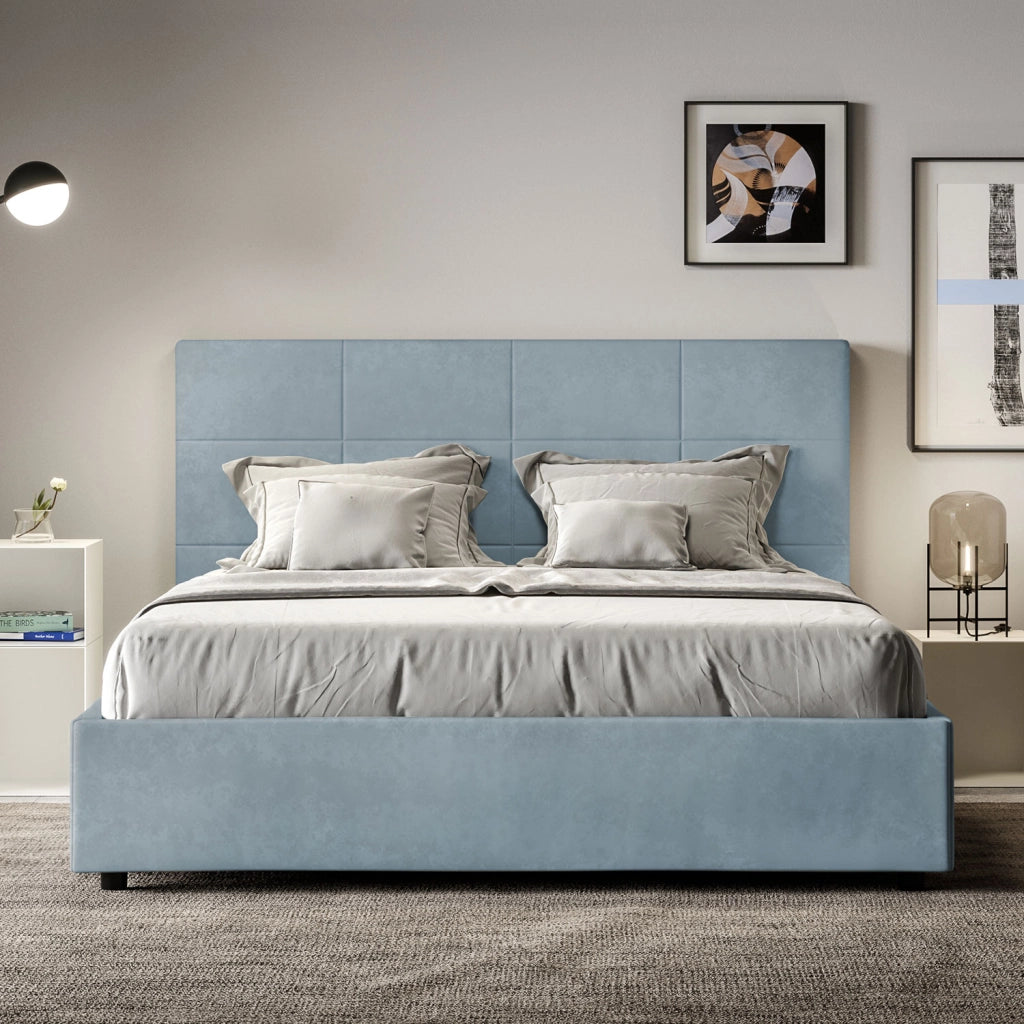 BS COM Letto matrimoniale senza rete imbottito 160x190 microfibra azzurro