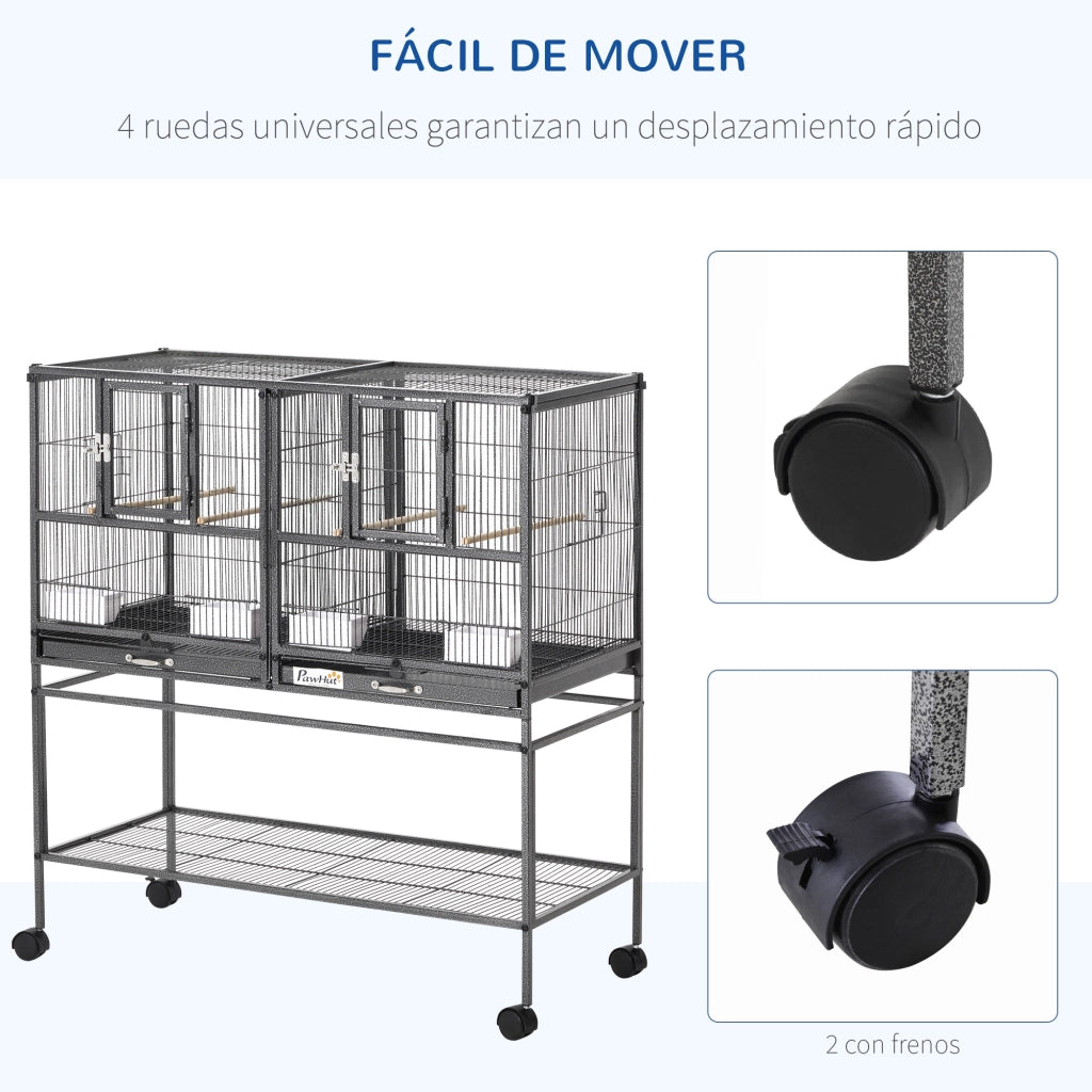 Gabbia per Uccelli con Ruote ¨C Minimal ¨C Grigio 95x45,5x102 cm