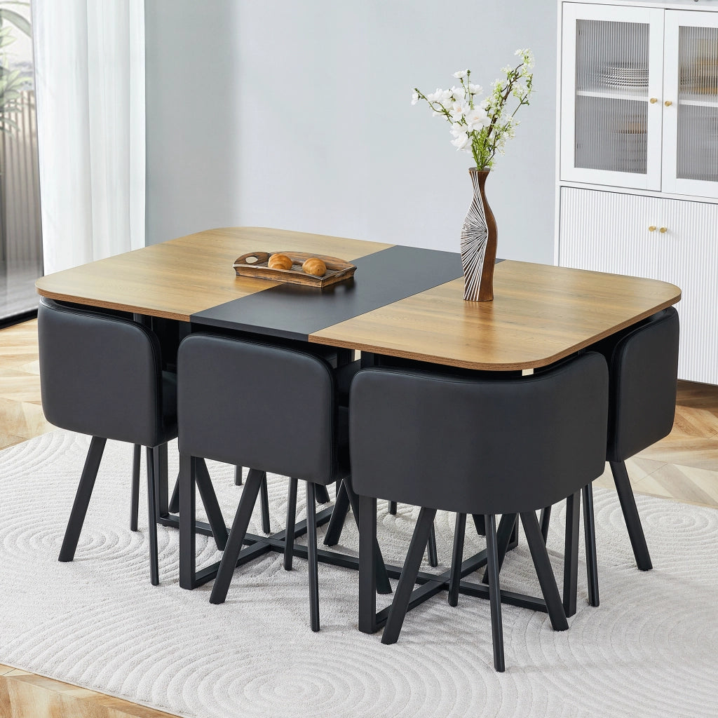 Tavolo da pranzo allungabile per 4-6 persone con sedie riponibili, piano effetto legno e struttura in metallo nero