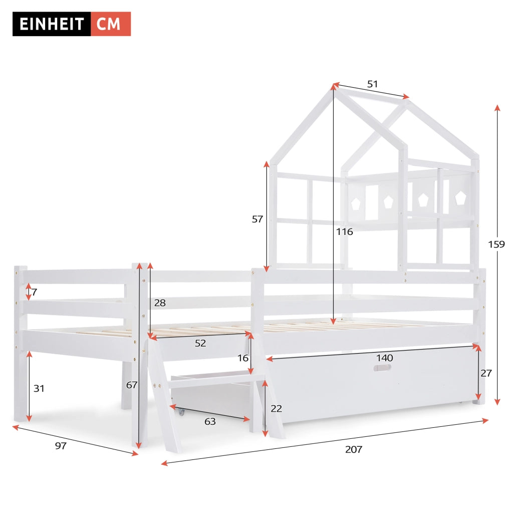 Letto a castello per bambini - Zephmum- Con scala e cassetti, 90x200cm, Bianco