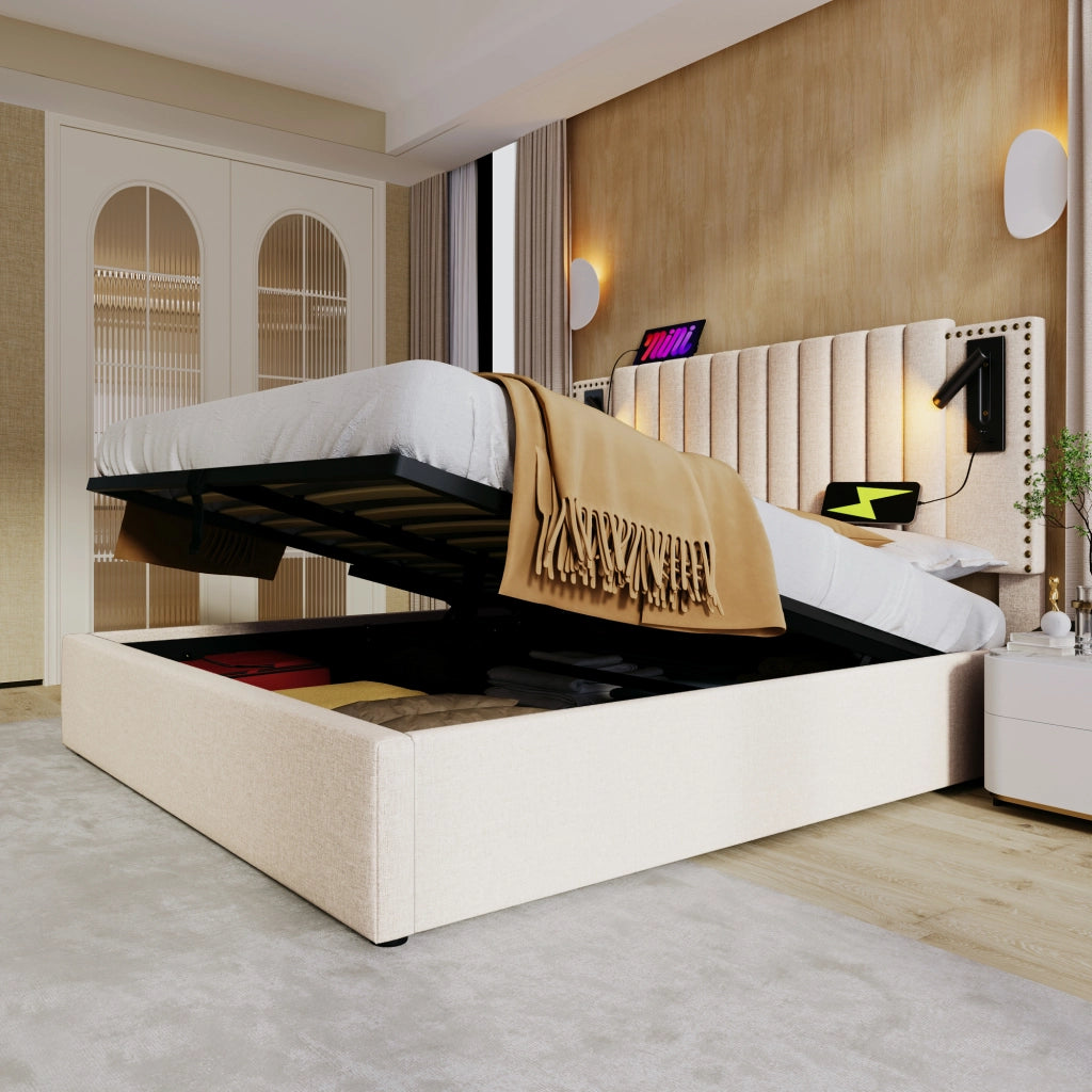 LETTO Contenitore 140x200 cm Beige in cotone con luce da lettura e USB