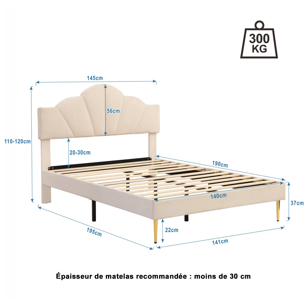 LETTO imbottito 140x190 cm in velluto beige