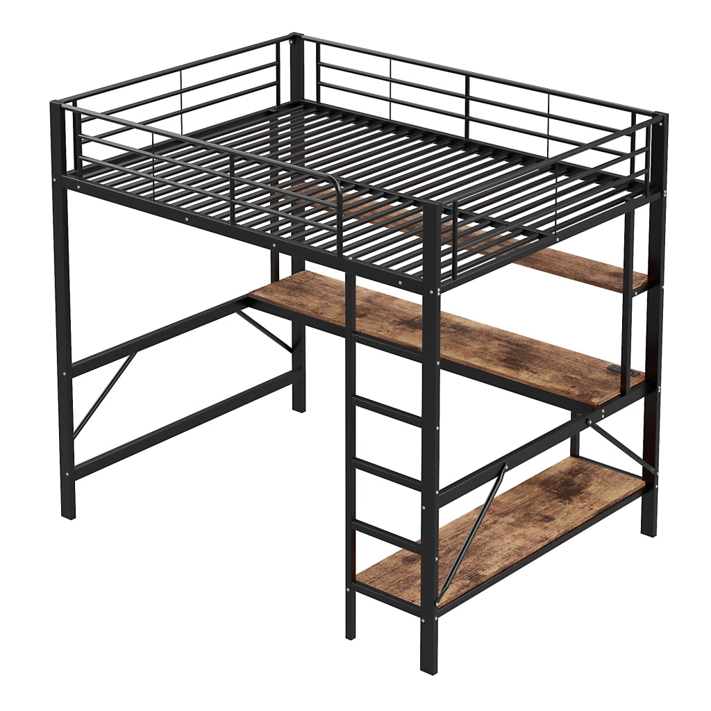 OKWISH Letto a soppalco 140×200 cm, Letto Matrimoniale con Scrivania, Mensole, LED Regolabile, USB e Presa, senza Materasso, in Metallo, Nero
