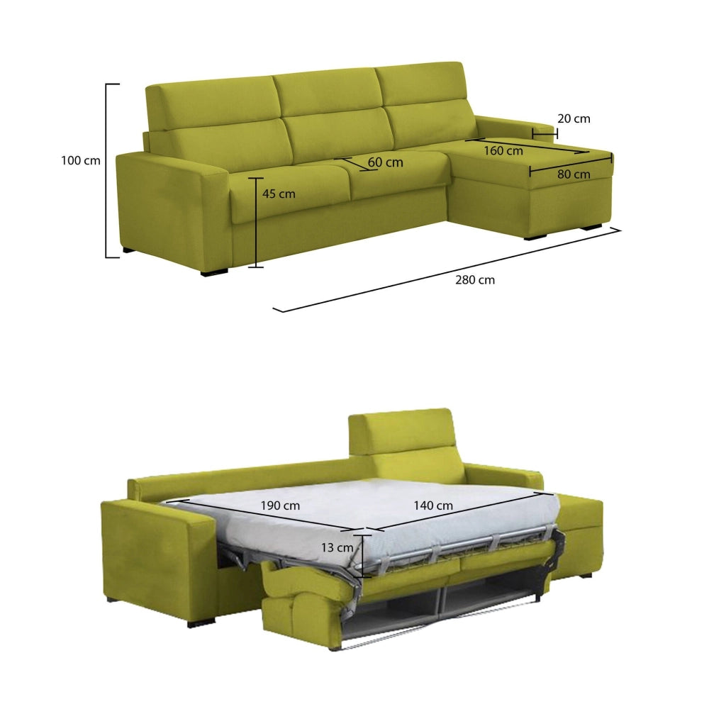 Pusiano, Divano Letto con Penisola Sfoderabile Made in Italy, 280x160 cm Verde